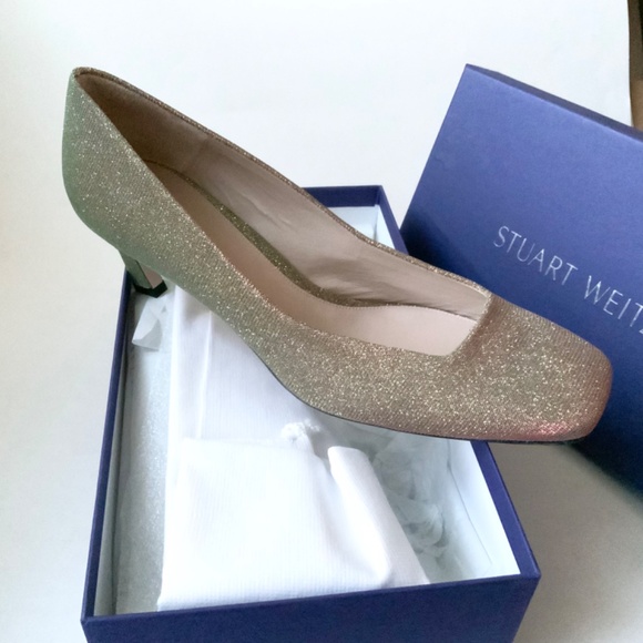 Stuart Weitzman Chelsea Gold Heel Pump Square Toe Dress Evening Fashion Shoe 9.5 - Picture 10 of 14
